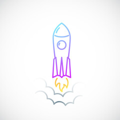 Rocket simple icon with flame and smoke. Colored Rocket emblem in line style. Vector illustration.