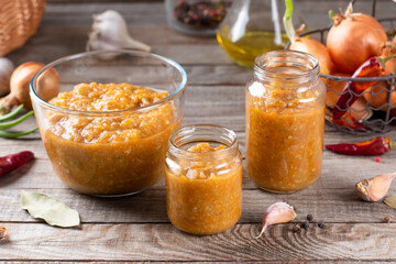 Squash caviar. Ikra or vegetable paste of zucchini, tomato and carrot on a table. Healthy and tasty vegan food