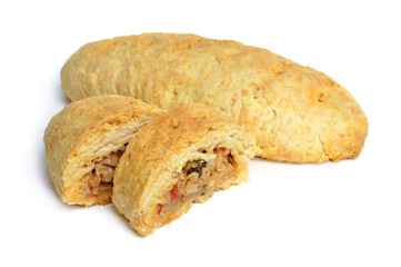 Shortcrust pastry pie with stewed cabbage isolated.