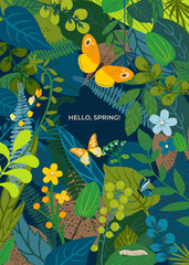 Beautiful floral background with text Hello Spring, leaves, colorful flowers, caterpillar, butterflies. Summer concept for wedding, kids, greeting card, cover social network. Vector illustration