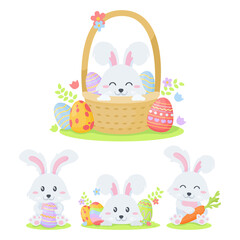 Cute easter rabbits.  Set of rabbits with easter eggs, basket and carrots. Illustrations of little bunnies.
