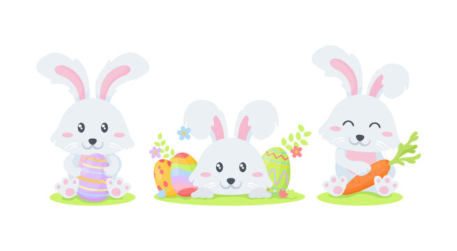 Cute easter rabbits.  Set of rabbits with easter eggs and carrots. Illustrations of little bunnies.