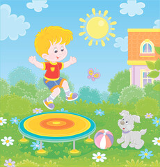 Obraz na płótnie Canvas Happy little boy playing with his small pup and jumping on a toy trampoline on a green front lawn on a sunny summer day, vector cartoon illustration