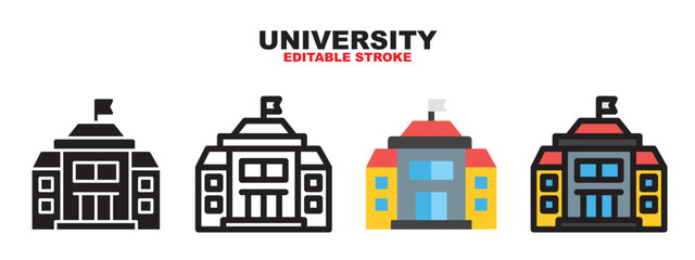 University icon set with different styles. Editable stroke and pixel perfect. Can be used for web, mobile, ui and more.