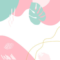 Abstract shapes, doodles and tropical leaves vector illustration. Collage of  marks and scribbles. 