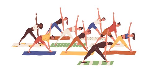 Group of active people exercising together. Scene with men and women standing in asana during yoga fitness class with coach or teacher. Colored flat vector illustration isolated on white background