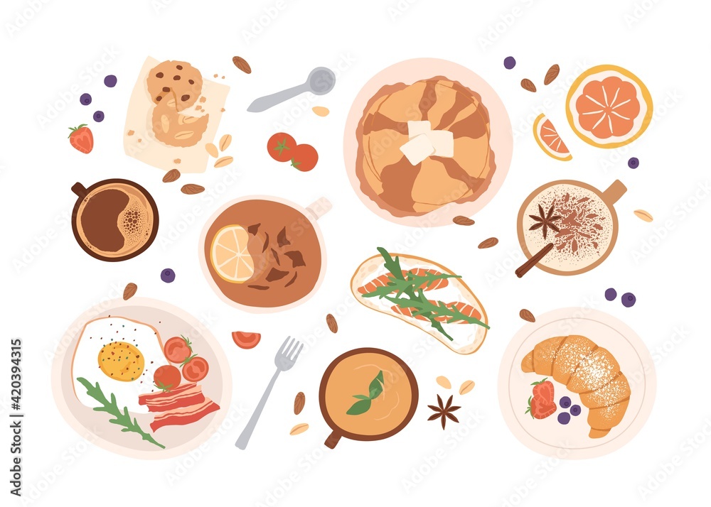 Wall mural Top view of breakfast food and drinks isolated on white background. Set of meals for brunch or lunch. Colored flat vector illustration of bacon and egg, pancakes, croissant, cups of tea and coffee