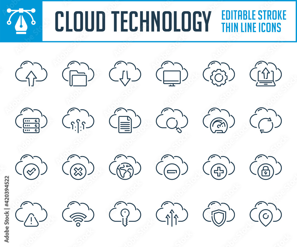 Poster cloud technology and hosting network services thin line icons. networking and online data computing 