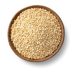 uncooked white quinoa seeds, in the wooden bowl, isolated on pure white background, overhead view.