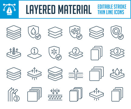 Layered material and Mattress covering thin line icons. Fabric layers and Type of fabric outline icon set. Editable stroke icons.
