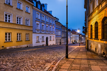 Street in New Town of Warsaw at Night in Poland