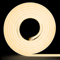 Warm white flexible glowing led tape neon in reel standing on black background