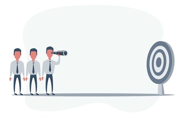 Businessman looking for big arrow target. Man using spyglass looking for success, opportunities, future business trends.