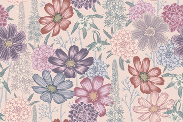 Blühen Sie nahtloses buntes Frühlingsblumenmuster. Vintage-Vektor. © marinavorona