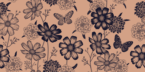 Süße Blumen und Schmetterlinge. Viktorianischer Stil. Vektor. © marinavorona