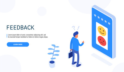 Customer review or feedback concept. Man thinks what feedback to leave positive or negative. Isometric vector.