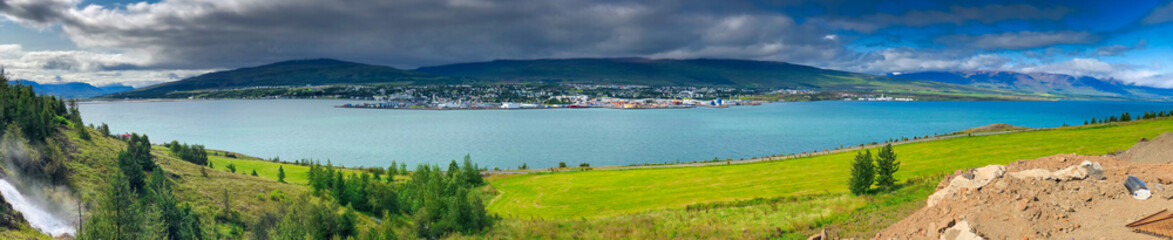 Fototapeta na wymiar Akureyri panoramic view with city countryside and fjord