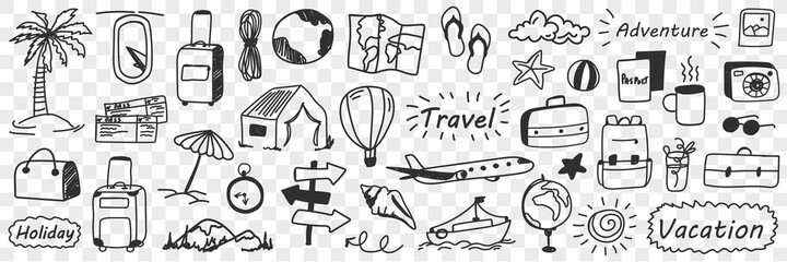 Vacations and adventure doodle set. Collection of hand drawn traveling attributes holidays plane tickets balloon globe camping suitcase sunglasses beach isolated on transparent background