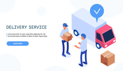Obraz na płótnie Canvas Delivery service concept. Postman gives the box to the male client. Delivery van on background. Isometric web banner. Vector.