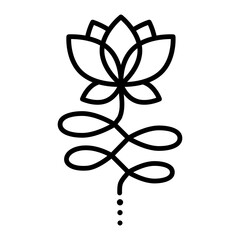 Outline Unalome Lotus. Black Flower isolated on white background. Sacred Buddhist Floral Symbol. Yoga Studio Logo Design. Tattoo design. Hindu style. Vector illustration