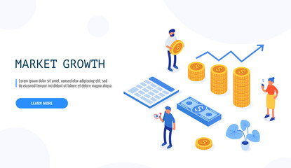 Market growth concept in isometric style. Teamwork on market indicators. Web banner. Vector illustration.