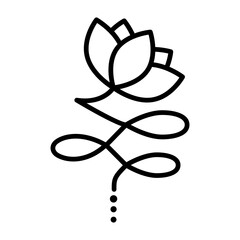 Outline Unalome Lotus. Black Flower isolated on white background. Sacred Buddhist Floral Symbol. Yoga Studio Logo Design. Tattoo design. Hindu style. Vector illustration
