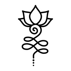Outline Unalome Lotus. Black Flower isolated on white background. Sacred Buddhist Floral Symbol. Yoga Studio Logo Design. Tattoo design. Hindu style. Vector illustration