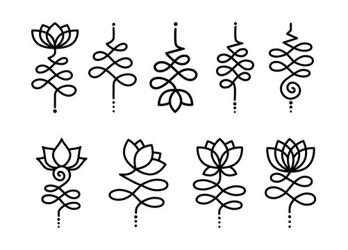 Bundle of simple outline Unalome Lotus. Black Flowers isolated on white background. Sacred Buddhist Floral Symbol. Yoga Studio Logo Design. Tattoo design. Hindu style. Vector illustration