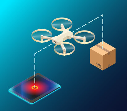 Concept picture of drone logistic service. Postal Drone Landed with carton box Package. Quadcopter courier. Technology autonomous Delivery shipping by air. 3d illustration vector