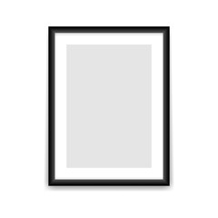 Black photo frame template. Blank rectangular vertical banner with empty gray center realistic design for picture and promotional vector image.