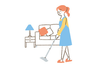リビングでモップがけする女性03