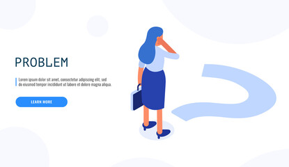 Problem concept. Woman thinking about the problem. Isometric web banner. Vector illustration.