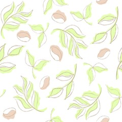 Fototapeta na wymiar Vector seamless floral coffee and tea texture. A pattern of hand-drawn by pencil linear sketches of coffee beans and tea leaves on a background of colored spots