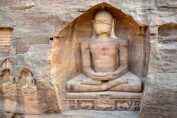 Grandiose monolithic rock-hewn statues and monuments of the Jains in Siddhanchala Gwalior. Madhya Pradesh, India