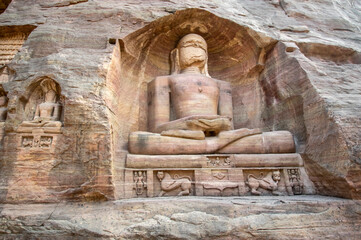 Grandiose monolithic rock-hewn statues and monuments of the Jains in Siddhanchala Gwalior. Madhya Pradesh, India