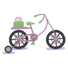 Fototapeta na wymiar Hand drawn four-wheeled bicycle with plants isolated on white background. Eco pedal transport carrying baskets with plants. Vector flat illustration