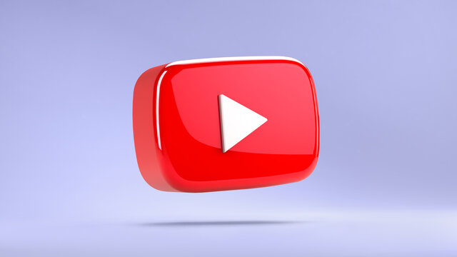 Valencia, Spain - March, 2021: Isolated YouTube play button in 3D rendering. You tube video icon, logo symbol red banner, social media sign, mobile app, web video mark