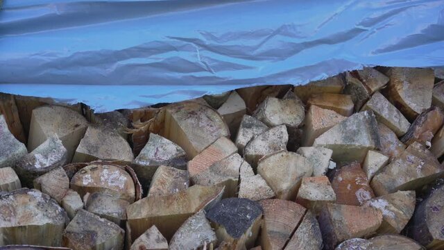 Stack of firewoods is covered with blue canvas in farm shelter