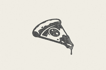 Slice of pizza silhouette with tomato and cheese hand drawn stamp effect vector illustration.