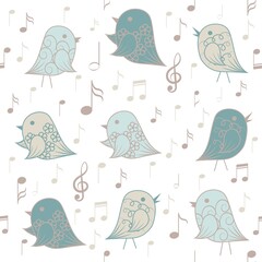 Seamless pattern with birds and musical elements