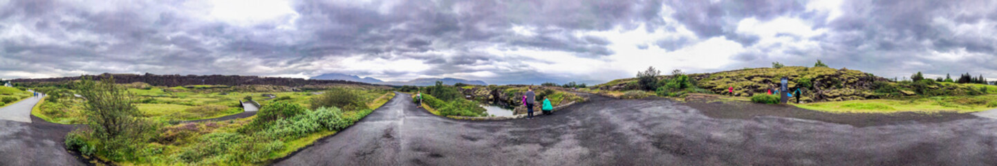 THINGVELLIR NP, ICELAND - JULY 30, 2019: Panoramic view of Thingvellir National Park on a cloudy summer day, Iceland