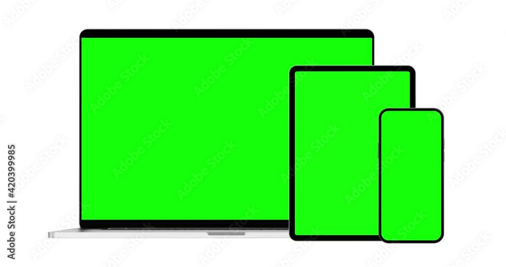 Wall mural laptop, tablet, and smartphone with blank green screen slide one after the other in the camera frame