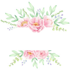 pink peony flower bouquet wreath frame for banner or logo