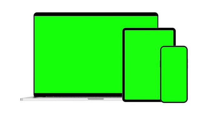 Laptop, Tablet, and Smartphone with blank green screen slide one after the other in the camera frame. Mockup with electronic devices. Devices divided into 3 clips layers for easy replacement screens