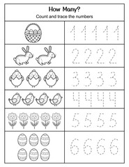How Many - count and trace the numbers Easter worksheet. Activity page with eggs, bunny and chicks. Math for preschool kids. Handwriting practice. Vector illustration