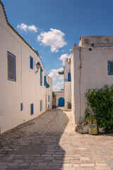 narrow streets of the city in the Andalusian style in white-blue colors