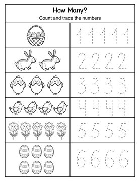 How Many - count and trace the numbers Easter worksheet. Activity page with eggs, bunny and chicks. Math for preschool kids. Handwriting practice. Vector illustration