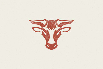 Bull head silhouette with large horns for animal husbandry industry hand drawn stamp vector illustration.