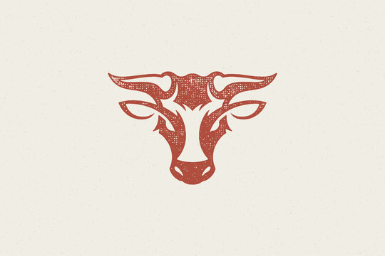 Bull head silhouette with large horns for animal husbandry industry hand drawn stamp vector illustration.