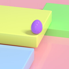 3d render. Easter composition with bright purple egg on pink, yellow, blue and green geometric background. Spring holidays season.